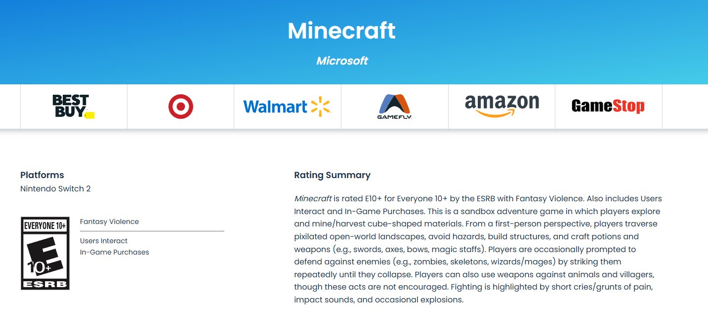 Minecraft Nintendo Switch 2 ESRB rating